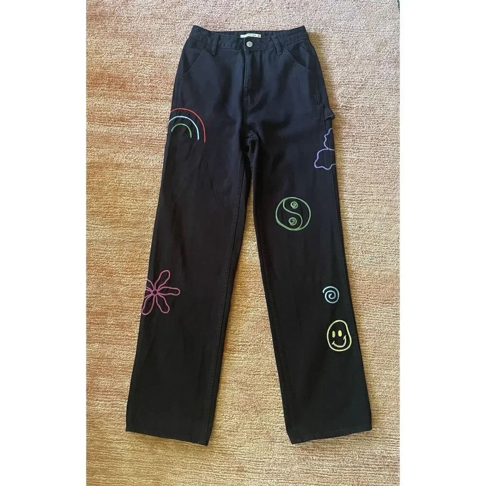 PacSun 90s BF Women’s Carpenter Pants Black Psychedelic Embroidered Y2K Size 26